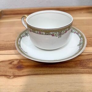 Johnson Bros Teacup Saucer Set England White Pink Green Antique Floral Gold FLAW